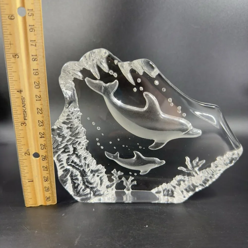 Vintage Clear Crystal Glass Plaque‎ Paperweight Dolphins Figurine Decorative VTG